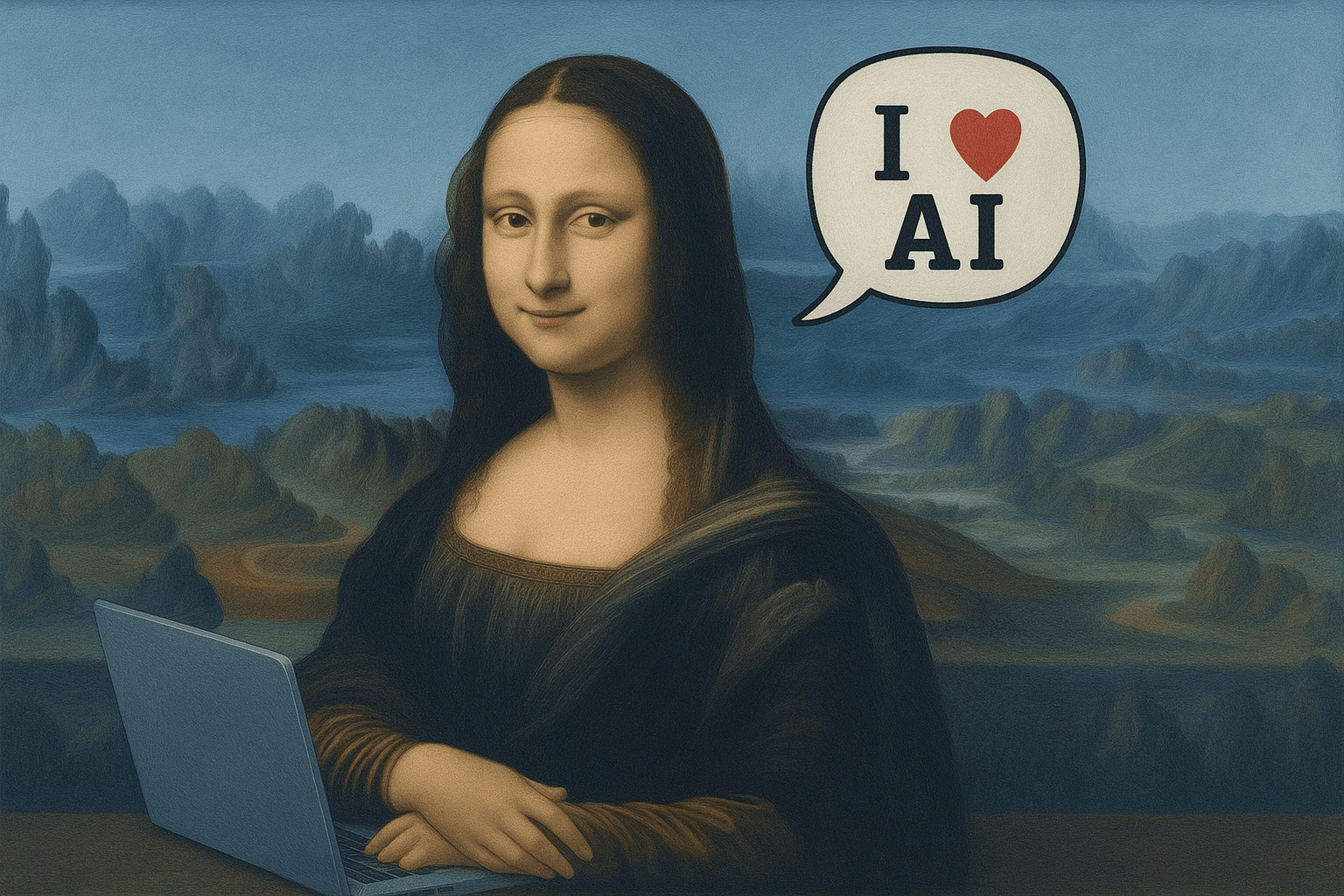 Mona Lisa elsker kunstig intelligens med en bærbar computer