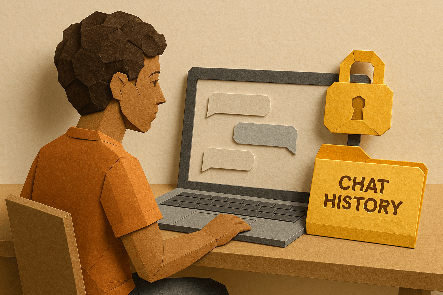 Illustration af en person foran en computer, med en lås og teksten ”Chat-historik”