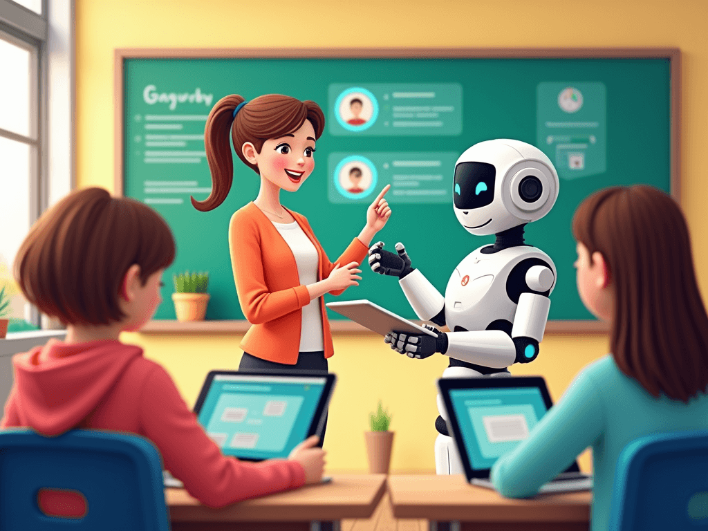 Lærer og robot interagerer i klasseværelset