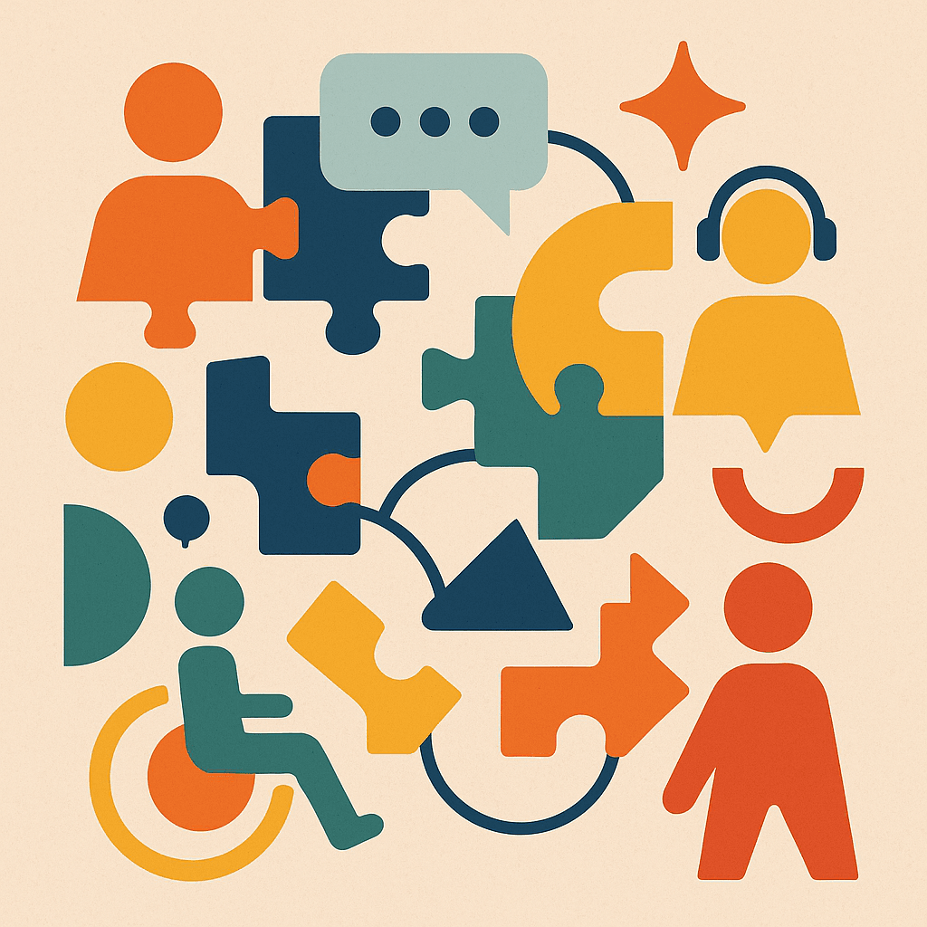 Forskellige abstrakte elementer, der repræsenterer mangfoldighed og inklusion ved brug af kunstig intelligens