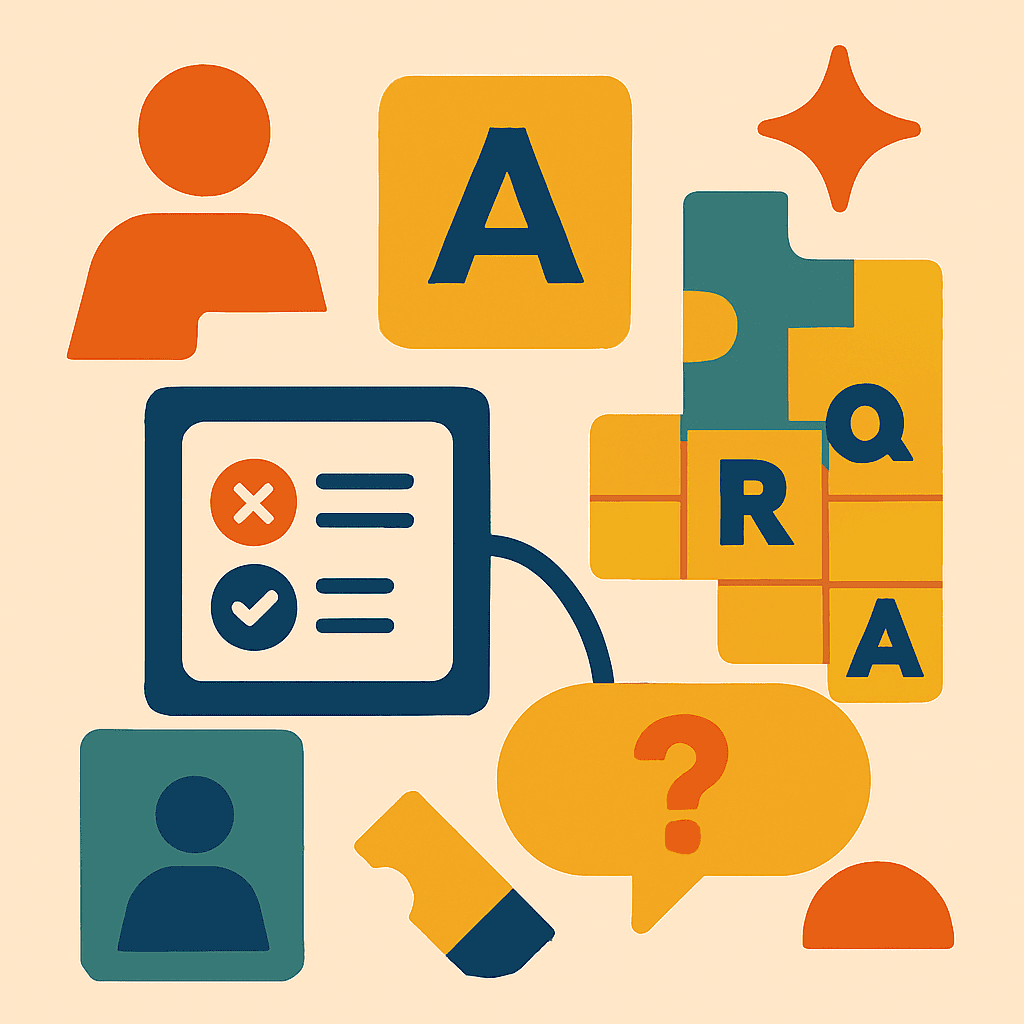 abstrakte elementer af quizzer, krydsord og flashkort i undervisningen